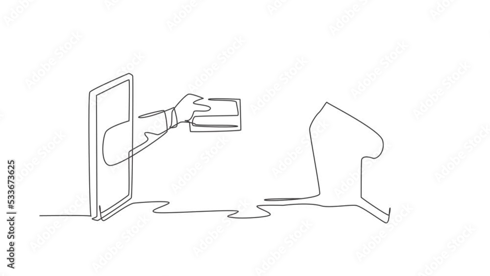 Poster self drawing animation of single one line draw two hands out of smartphone screen to exchange shoppi