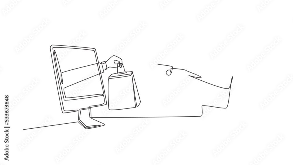 Aufkleber animated self drawing of single continuous line draw two hands out of the monitor screen to exchange