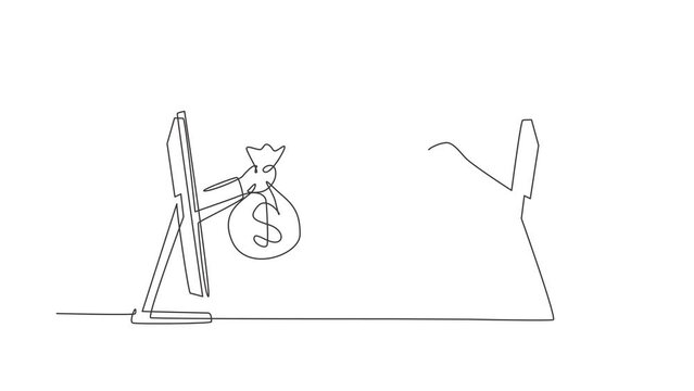 Animated self drawing of single continuous line draw two hands out of the monitor screen to exchange shopping bags with money bag. Sale, digital payment concept. Full length one line animation.