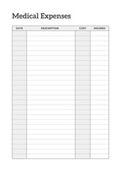 Clean Medical Expenses Planner Template Sheet. Minimalist Planner Page Template. Modern planner template sheet.