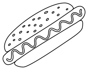 Hot dog. Fast food sketch. Black and white line illustration. Unhealthy meal. Hand drawn icon for restaurant menu or coloring book for kids