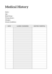 Clean Medical History Planner Template Sheet. Minimalist Planner Page Template. Modern planner template sheet.
