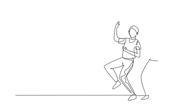Animated self drawing of single continuous line draw man and woman dancing Lindy hop or Swing. Male and female characters performing dance at school. Happy couple. Full length one line animation.