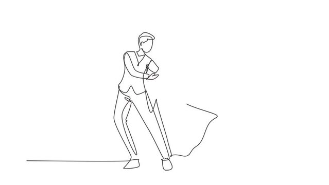 Animated self drawing of single continuous line draw romantic man and woman professional dancer couple dancing tango, waltz dances on dancing contest dancefloor. Full length one line animation.
