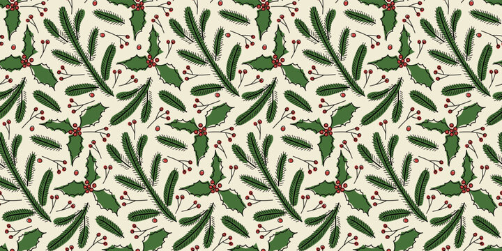 Winter plant seamless pattern. Vector hand drawn winter Freehand. Seasonal doodle backdrop. New year, Christmas Repeated Hand drawn design for wallpaper, wrapping, scrapbooking, print, textile