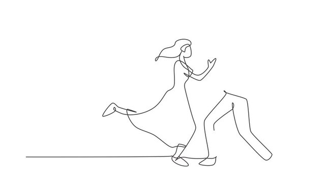 Animated self drawing of continuous line draw happy couple man and woman performing dance at school, studio, party. Male and female characters dancing tango together. Full length single line animation
