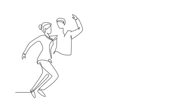Self drawing animation of single line draw people dancing salsa. Couples, man and woman in dance. Pairs of dancers with waltz tango and salsa styles moves. Continuous line draw. Full length animated.