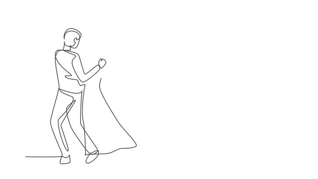 Self drawing animation of single line draw man woman professional dancer couple dancing tango, waltz dances on dancing contest dancefloor. Happy lifestyle. Continuous line draw. Full length animated.