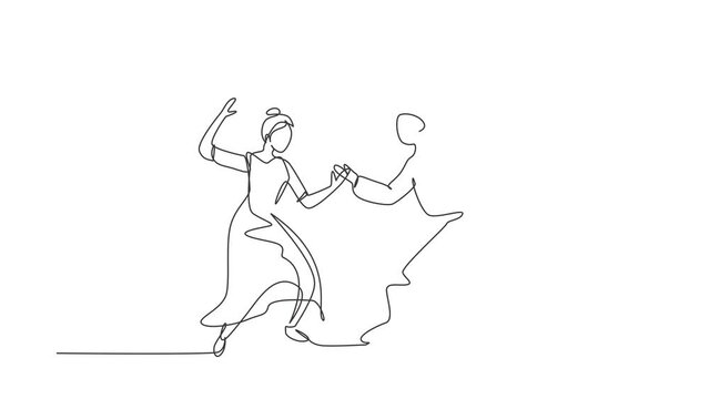 Self drawing animation of single line draw man and woman dancing Lindy hop or Swing. Male and female characters performing dance at school or party night. Continuous line draw. Full length animated.