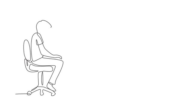 Animated self drawing of single continuous line draw young man with laptop sitting on the chair. Freelance, distance learning, online courses, and studying concept. Full length one line animation.