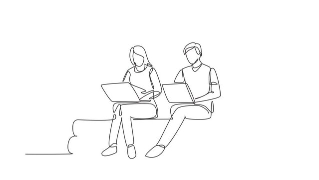 Self drawing animation of single line draw couple with laptop sitting on pile of books. Freelance, distance learning, online courses, studying concept. Continuous line draw. Full length animated.