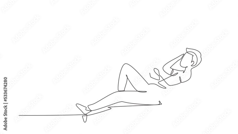 Poster animated self drawing of single continuous line draw young man reading, learning and laying down on 