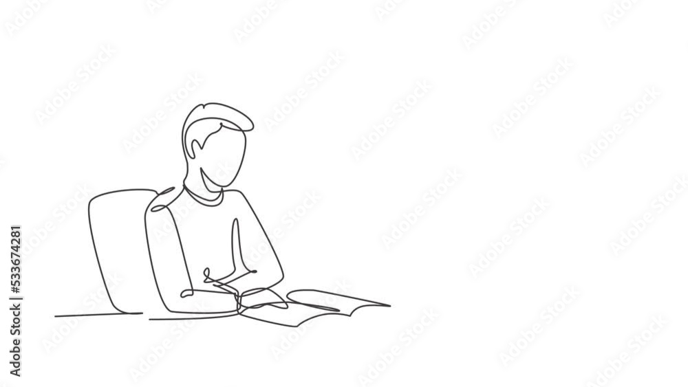 Poster self drawing animation of single line draw man reading, learning and sitting on chair around table. 