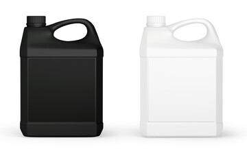 Black and white plastic canister with blank label. Package containers with handle and screw cap of oil. Industrial packaging for chemicals, cleaners, detergents and liquid products. 3d rendering