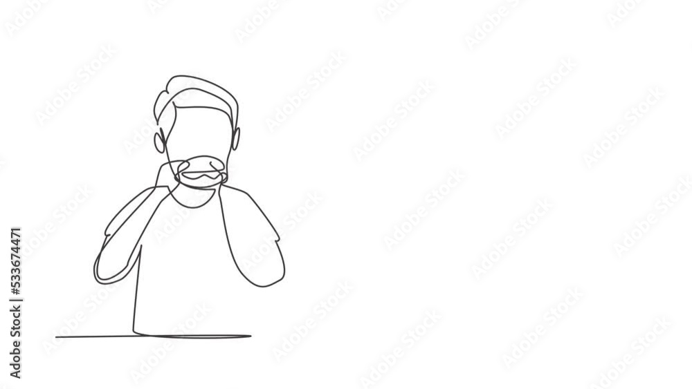 Poster self drawing animation of single line draw young boy having hamburger meal with hands around table. 