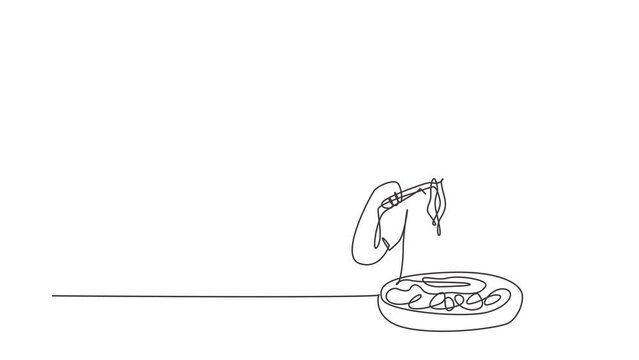 Single continuous line drawing boy having spaghetti meal with chopsticks around table. Enjoy lunch when hungry. Delicious and healthy food. Dynamic one line draw graphic design vector illustration