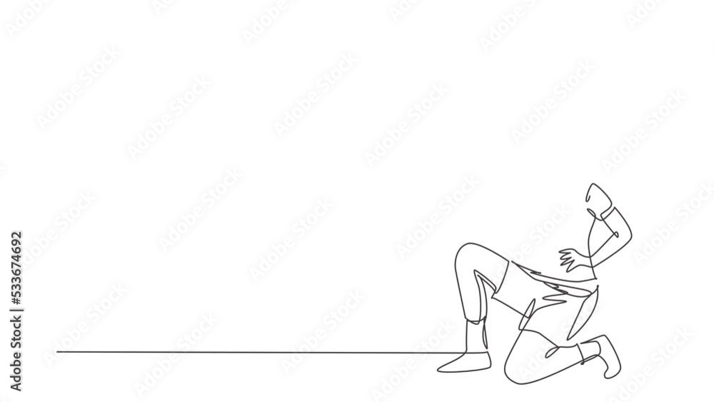 Aufkleber self drawing animation of single line draw young man drinking water in bottle while squatting after 