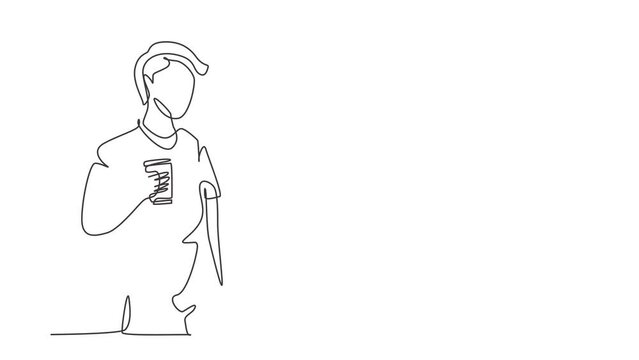 Animated self drawing of continuous line draw young man holding a cup of coffee while thinking about tomorrow's work plans. Success and relaxing lifestyle concept. Full length single line animation.