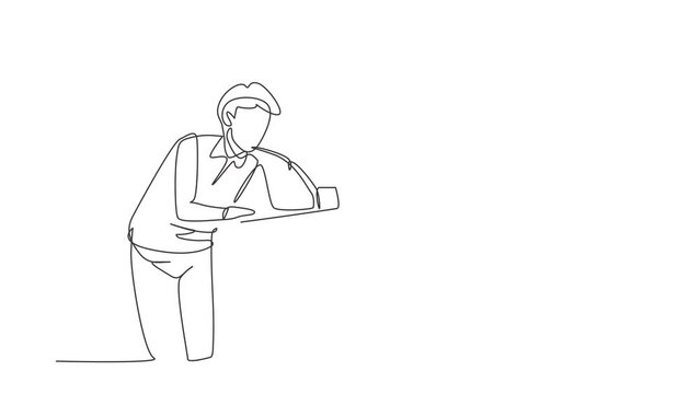 Animated self drawing of continuous line draw a young man who is thirsty drinking at ready-to-drink taps that are widely available in public spaces. Refresh moment. Full length single line animation.
