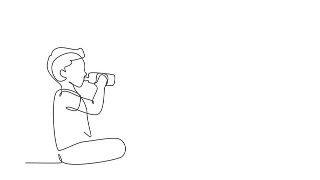 Self drawing animation of single line draw boy sitting while enjoying a bottle of fresh milk to fulfill his body nutrition. Child health and growth concept. Continuous line draw. Full length animated.