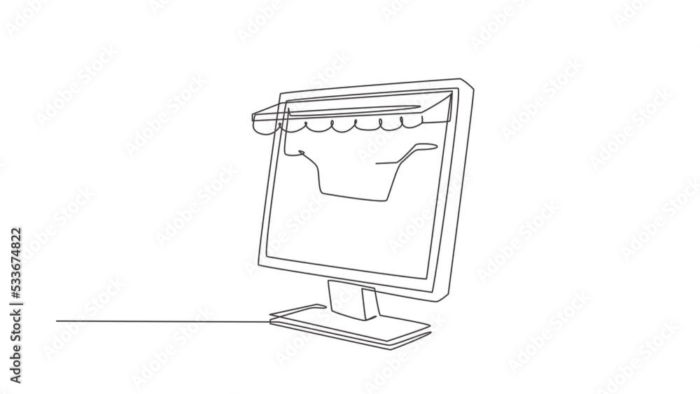 Poster self drawing animation of single line draw young man inserting credit card into canopy monitor scree