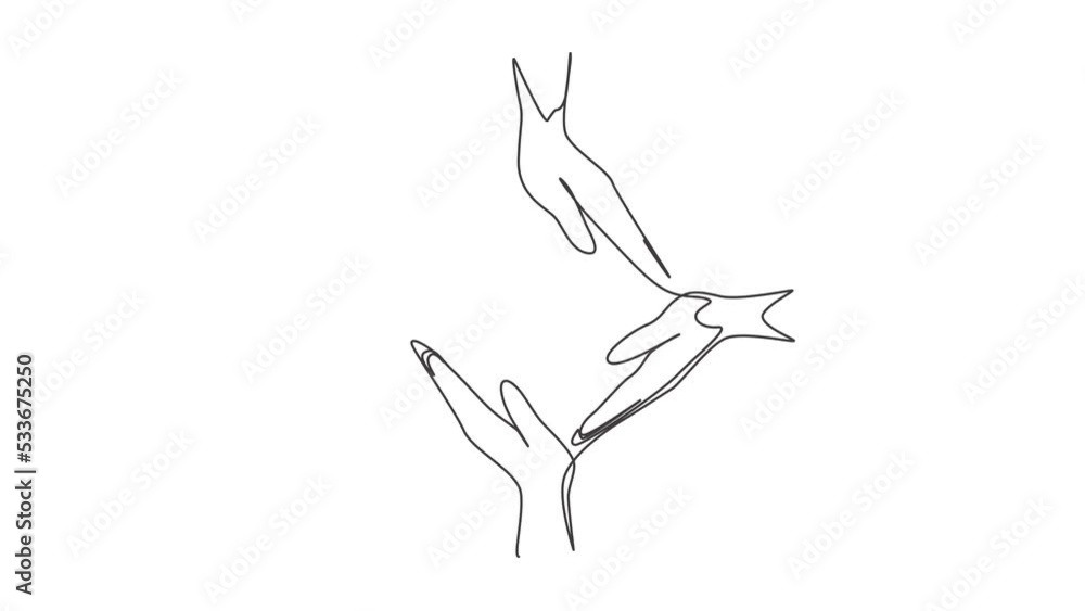 Poster animated self drawing of continuous one line draw four palm hands make square frame shape. symbol of