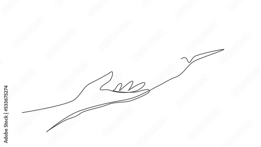 Poster animated self drawing of continuous one line draw two hands reaching for each other. sign or symbol 