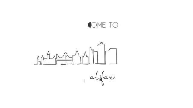 Self drawing animation of single line draw Halifax city skyline, Nova Scotia, Canada. World historical town landscape. Best holiday destination print art. Continuous line draw. Full length animated