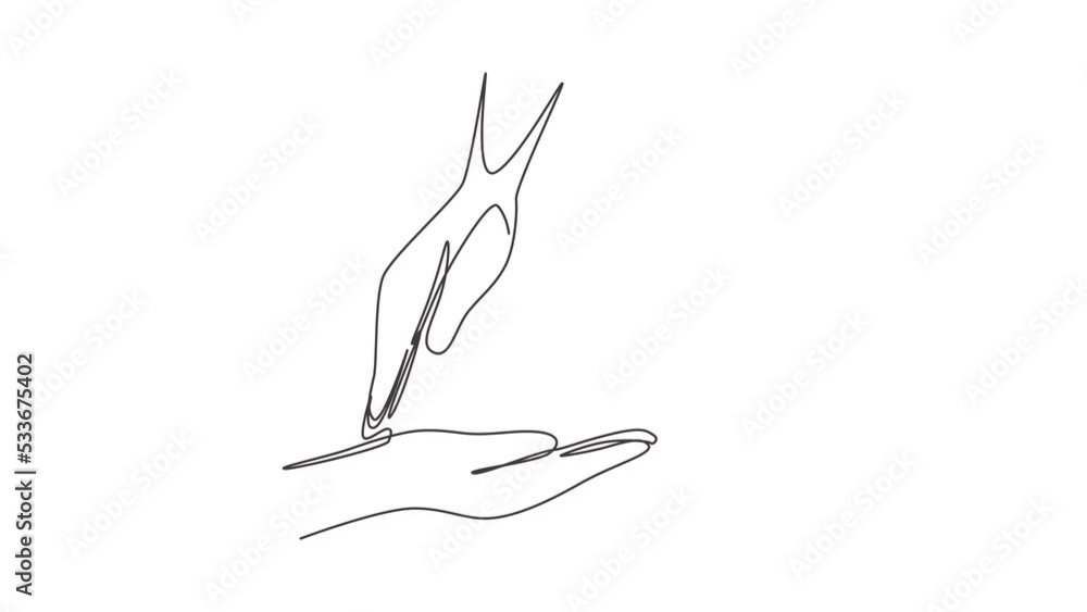 Poster animated self drawing of single continuous line draw three palm hands make triangle frame shape. sym