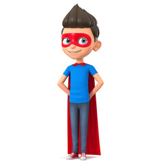 Cartoon character shy boy in a super hero costume on a white background points with his hand. 3d render illustration.