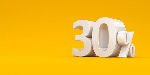 White thirty percent on a yellow background. 3D Render Illustration. Background for advertising. Illustration for business projects. Discount.