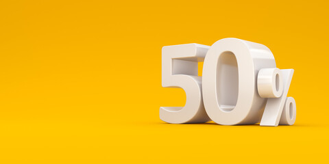 White fifty percent on a yellow background. 3d render illustration. Illustration for business projects. Discount.