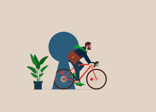 Businessman Riding Bicycle To Success. Flat Vector Illustration.