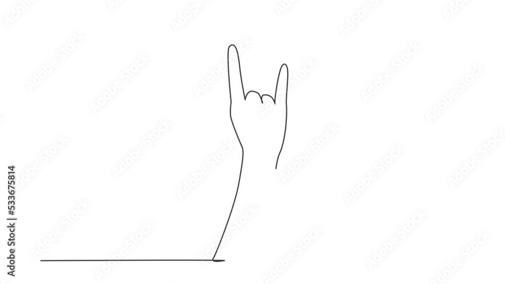 Poster animated self drawing of continuous one line draw rock on gesture symbol. heavy metal hand gesture. 