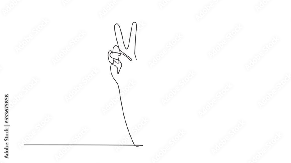 Poster self drawing animation of single line draw symbol of peace. number two hand count. learn count numbe