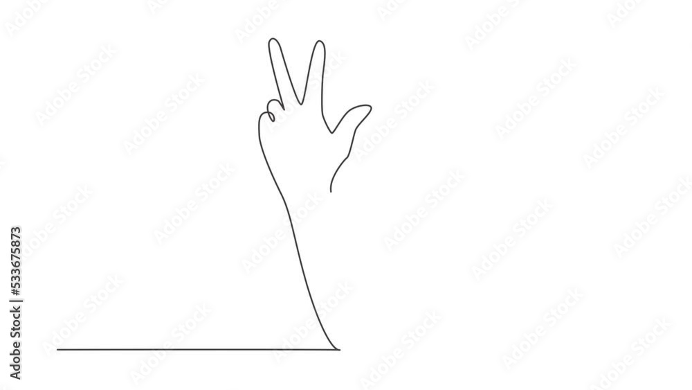 Poster animated self drawing of continuous line draw counting hand sign. number three hand count. learn to 