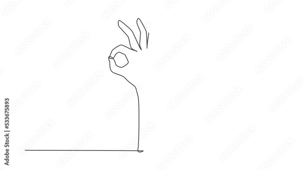 Poster self drawing animation of single line draw hand showing okay or perfect gesture. number three hand c