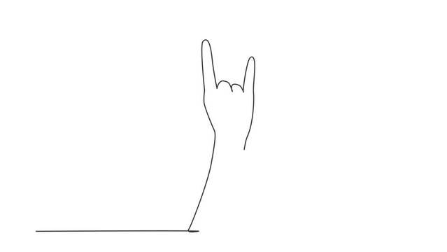 Animated self drawing of continuous one line draw rock on gesture symbol. Heavy metal hand gesture. Nonverbal signs or symbols. Hand variation shape concept. Full length single line animation