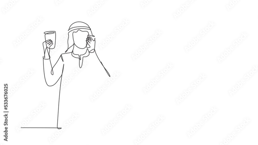 Poster animated self drawing of single continuous line draw young arabian man drinking orange juice while m
