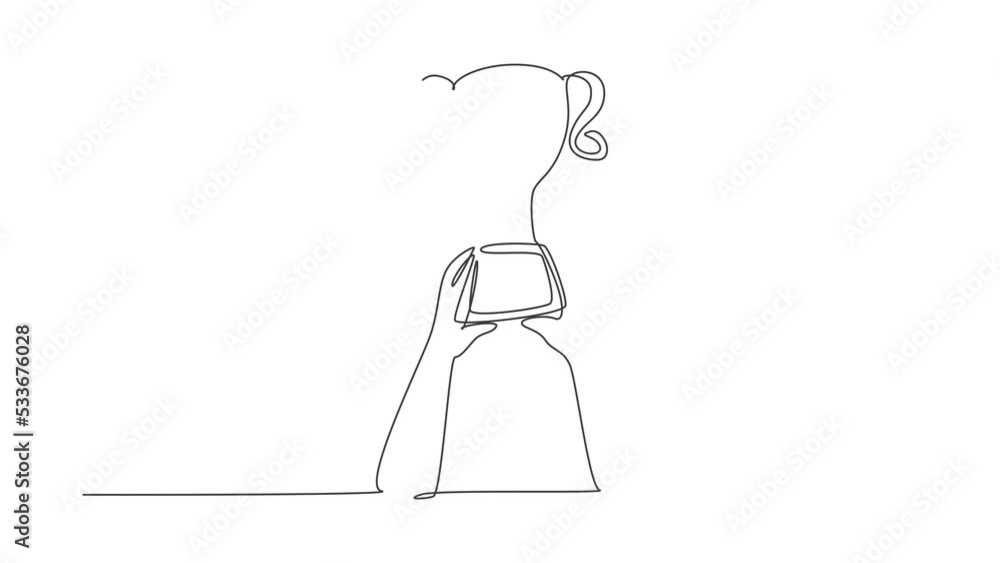 Poster animated self drawing of continuous line draw trophy is held by both hands. symbol of winning champi