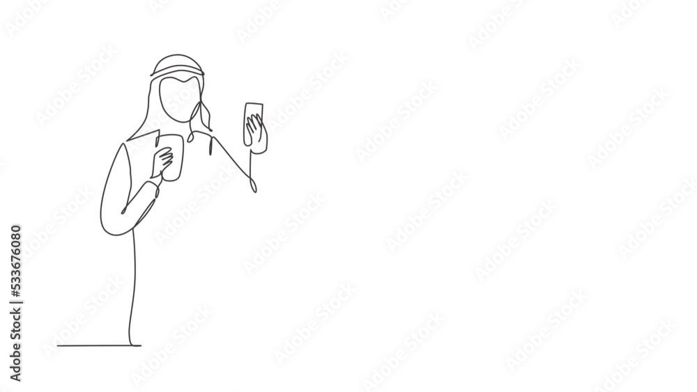 Poster self drawing animation of single one line draw smiling arabian man looking at mobile phone and holdi