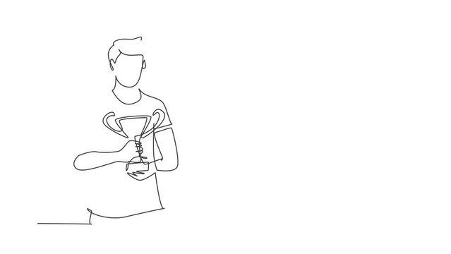 Self drawing animation of single line draw athlete wearing sports jersey holding golden trophy with both hands. Celebrating victory of national competition. Continuous line draw. Full length animated