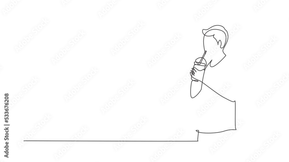Poster animated self drawing of continuous line draw side view of young adult man using straw and drinking 