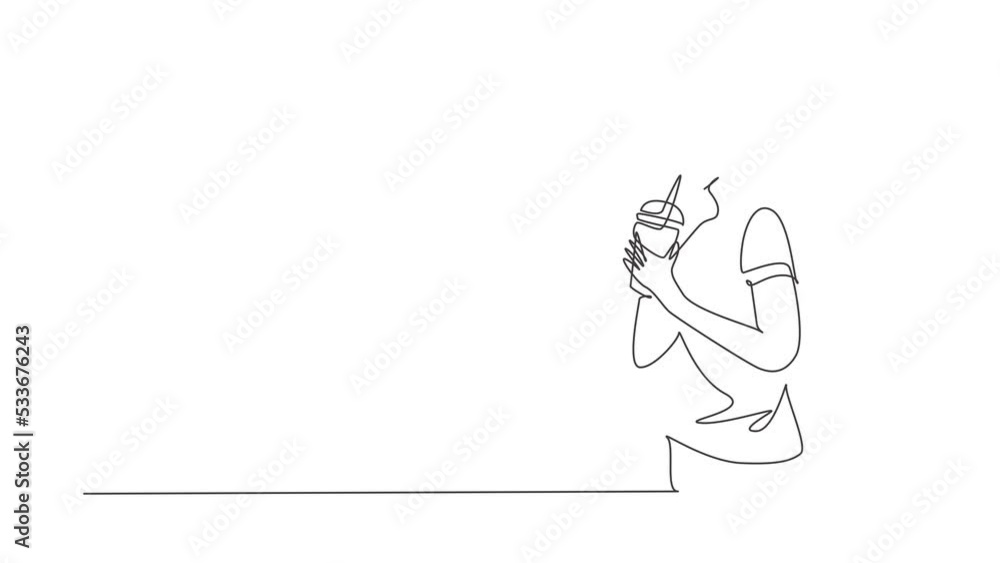 Poster self drawing animation of single line draw side view of adult woman using straw and drinking smoothi