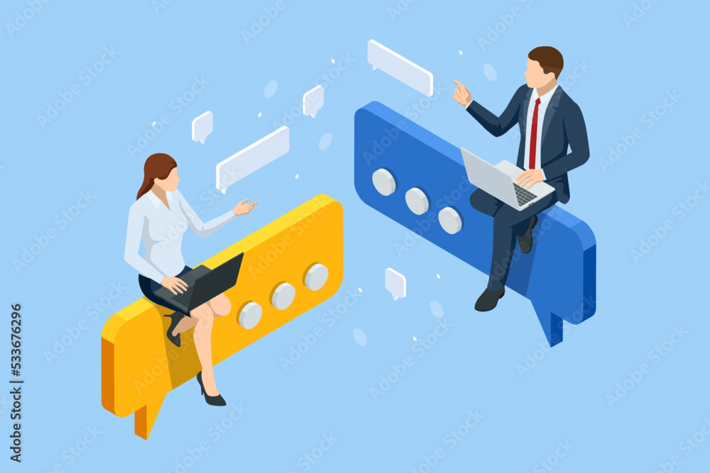 Poster isometric faq frequently asked questions concept. woman and man ask questions and receive answers. b