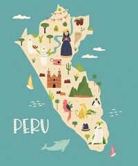 Illustrated colorful map of Peru with famous symbols of the country - obrazy, fototapety, plakaty