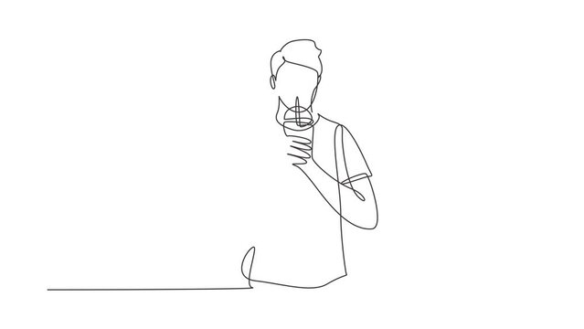 Self drawing animation of single line draw young handsome male hold plastic cup and drink iced green tea with straw. Make him refreshing in summer season. Continuous line draw. Full length animated