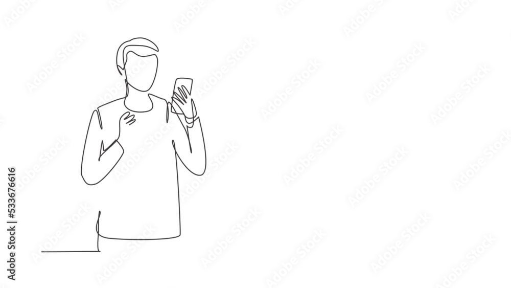 Poster self drawing animation of single one line draw smiling handsome man looking at mobile phone and hold