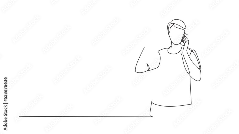Poster animated self drawing of single continuous line draw young handsome man drinking orange juice while 