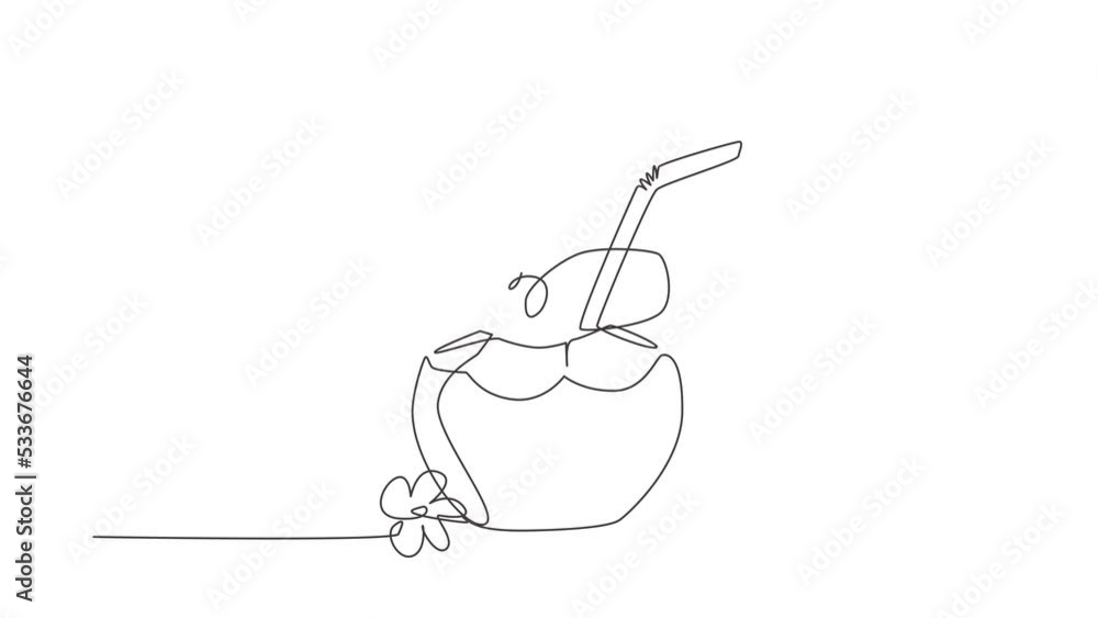 Poster animated self drawing of continuous one line draw green coconuts with drinking straw and flower. rel